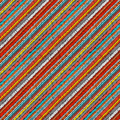 Seamless striped pattern. Doodle print, polka dot ornament. Ethnic and tribal motifs, patchwork ornamental. Diagonal orientation. Red, blue, orange, yellow and blue shades. Vector illustration.