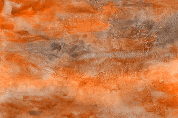 Orange summer watercolor and ink paper textures on white background. Chaotic stylish abstract organic design.