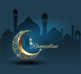 Ramadan kareem with golden ornate crescent celebration luxurious background for poster and banner greeting template invitation vector  graphic design