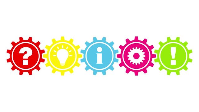 5 Drehende Zahnr&auml;der Frage, Idee, Information, Arbeit & Antwort Bunt