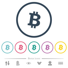 Bitcoin digital cryptocurrency flat color icons in round outlines