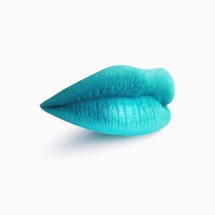 Light blue lips on white background. Sexy close female mouth.