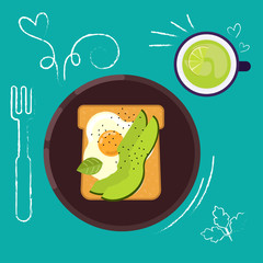 Set of breakfast food on bright background in flat design style.