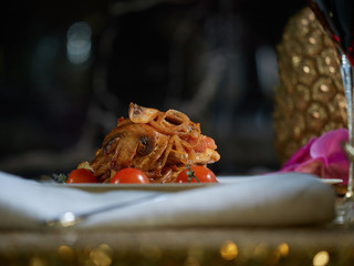 Fresh beef with fried mushrooms.