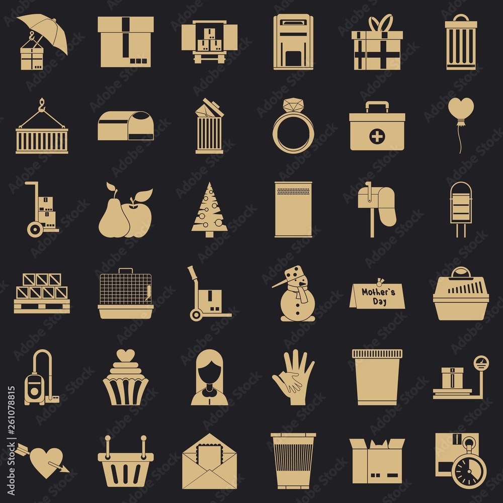 Poster box in truck icons set. simple style of 36 box in truck vector icons for web for any design