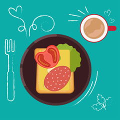 Set of breakfast food on bright background in flat design style.