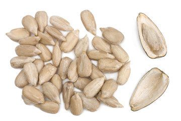 Sunflower seeds isolated on white background, top view