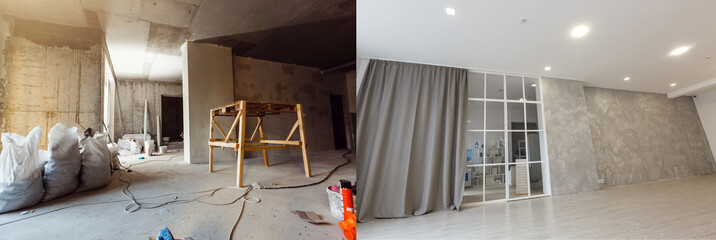 Obraz na płótnie Canvas Repairs: paint bucket on a wooden table in an empty room with white walls, tiled floors and window in the sunlightComparison of a room in an apartment before and after renovation new house
