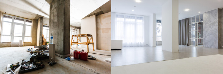 flat renovation, empty room before and after refurbishment old and new interior
