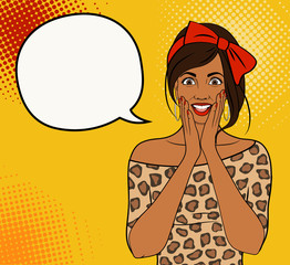 Wow pop art face. Pretty surprised young African woman with open mouth and blank speech bubble. Vector colorful background in pop art retro comic style.