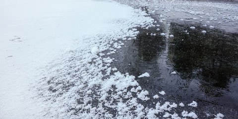 Ice on frozen pond with crystalline snow patches - close up.