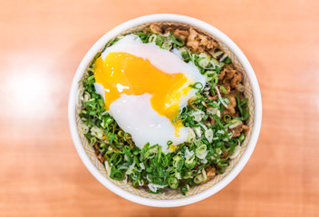 Gyudon or strip beefs with a lots of onion leeks and topped with fresh egg yolk
