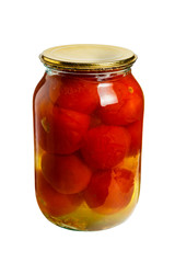 tomatoes canned in glass jars on a white background