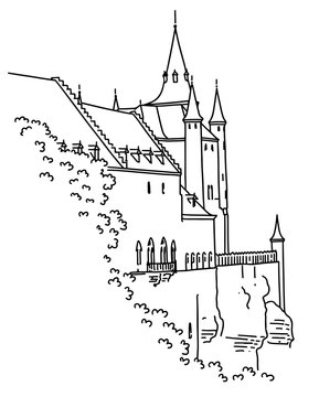 recommend clip art: Medieval castle in Segovia, Spain. Hand-drawn in outline graphic style