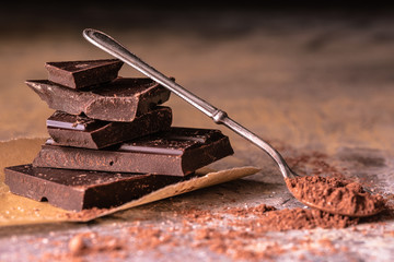 chocolate stack and cocoa powder in a teaspoon