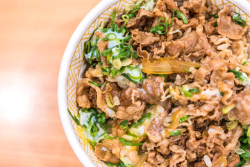 Gyudon or strip beefs with a lots of onion leeks and topped with fresh egg yolk