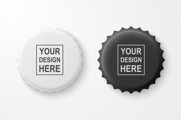 Vector 3d Realistic Black and White Blank Beer Bottle Cap Set Closeup Isolated on White Background. Design Template for Mock up, Package, Advertising. Top and Bottom View