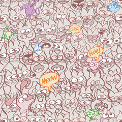 Seamless pattern composed by a crowd of funny cats representing different moods and expressions. The cats share the scene with a dog, a mouse, a fish, a bird, a frog, a milk bottle and a ball of wool