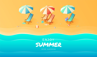 Summer. Vacation and travel concept. Umbrella, beach chair and a ball on the beach. Flat style vector illustration