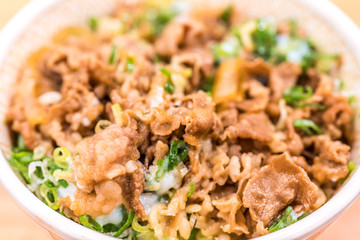 Gyudon or strip beefs with a lots of onion leeks and topped with fresh egg yolk