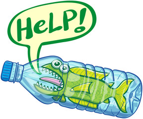 Distressed green fish begging for help when keeping trapped inside a plastic bottle. It's sticking its tongue out, showing its sharp teeth and opening its mouth to show a speech bubble asking for help