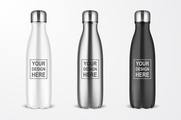 Vector Realistic 3d White, Silver and Black Empty Glossy Metal Reusable Water Bottle with Silver Bung Set Closeup Isolated on White Background. Design template of Packaging Mockup. Front View