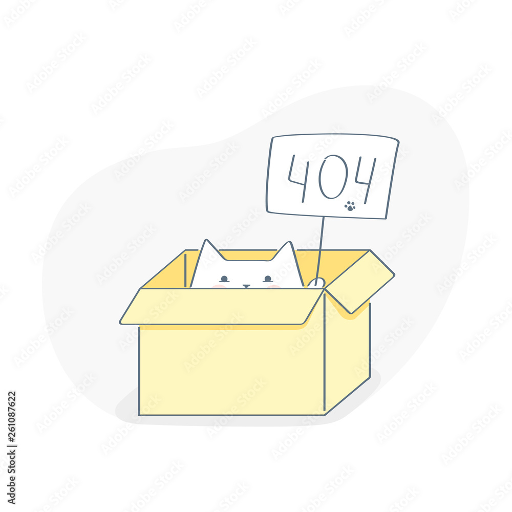 Poster shroedinger's cat, the cat sits in a box with a 404 sign. page or file not found, connection error. 