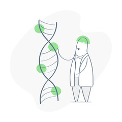 DNA helix spiral molecule structure and doctor scientist near it. Science, genetics, bio engineering, DNA sequence concept. Outline nanotechnology and biochemistry vector on white background.