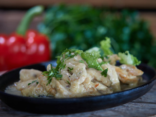 Portion of meat sprinkled with white sauce.