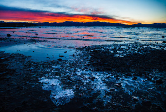 Before Sunrise on icy Lake Tahoe shoreline