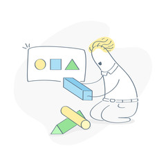 Solution, A/B concept testing, cartoon businessman putting toy bricks in geometric holes, sorting and pitting various forms blocks in different shapes  (square, circle, triangle) of white box