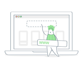 Online advertising, online marketing, media promotion, link building. Cartoon man placing a banner on the website. Hosting, site creation, domain setup. Flat outline vector on white background.