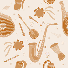 Seamless pattern with hand drawn traditional Slavic, Ukrainian musical instruments in circle. Reed pipe, kobza, buhay, sopilka, bandura, pan flute etc. © Kate Antonenko
