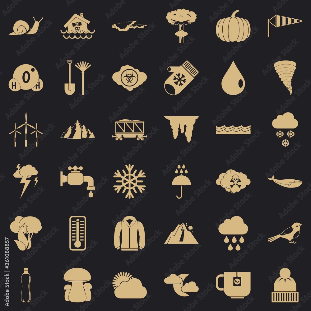 Poster snowy cloud icons set. simple style of 36 snowy cloud vector icons for web for any design