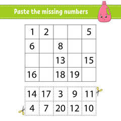 Paste the missing numbers. Handwriting practice. Learning numbers for kids. Education developing worksheet. Activity page. Game for children. Isolated vector illustration in cute cartoon style.