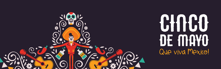 Cinco de Mayo mariachi hat banner of culture icons