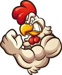 Strong cartoon chicken mascot flexing arm clip art. Vector illustration with simple gradients. All in a single layer. - obrazy, fototapety, plakaty