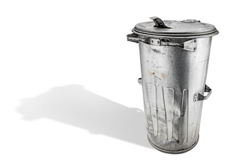 old trash can on white background