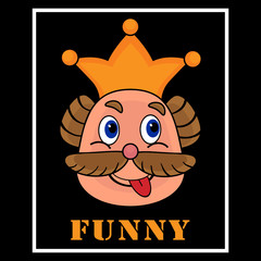 Funny smiley with yellow crown and mustaches - Vector illustration 