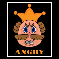 Angry  king emoji.  Smiley with yellow crown  and mustaches  - Vector illustration 