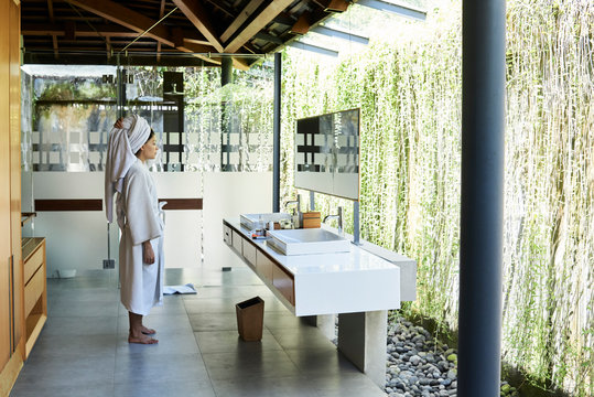 woman after shower beauty routine.