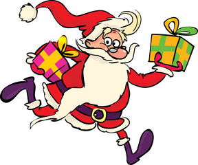 Santa Claus is running and wearing presents in her hands