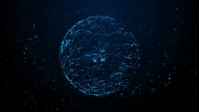 Blue particle energy sphere. Abstract technology, science, engineering and artificial intelligence motion background.