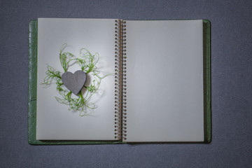 a gray wooden heart with sprouts around on a written book, the plants sprouted through the heart, roots of a heart, love and protect nature, an eco-friendly concept,