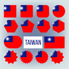Taiwan Various Shapes Vector National Flags Set. Circle, Square, Rectangle Taiwan Ensign Pack. Republic Of China Official Emblems Icons Collection. Asian Country Symbols Flat Illustration