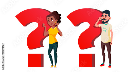People Asking Question Vector Cartoon Characters Set Question Mark Symbol Isolated Clipart Puzzled Man And Woman Talking On Mobile Phone Confused Young Girl And Boy Doubting Flat Illustration Wall Mural Pikepicture