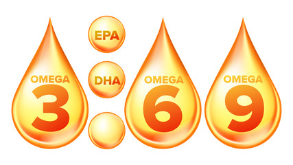 Omega Fatty Acid, EPA, DHA Vector Drops Set. Omega Three, Six And Nine Isolated Cliparts Pack. Natural Fish, Plants Oil. Healthy Food Supplements Collection. Organic Vitamin, Nutrient 3D Illustration - obrazy, fototapety, plakaty