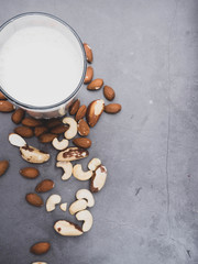milk from nuts in glass jar with various nuts on concrete background