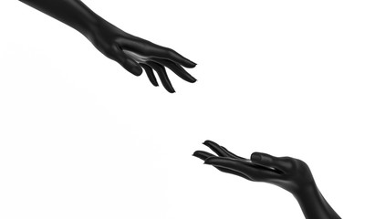 Sculptures of two female black hands isolated on white background, help and rescue concept, mannequin arms, 3d rendering - obrazy, fototapety, plakaty