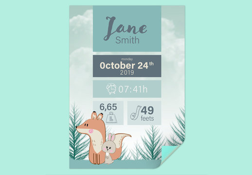 New Baby Birth Announcement with Animal Illustrations Layout